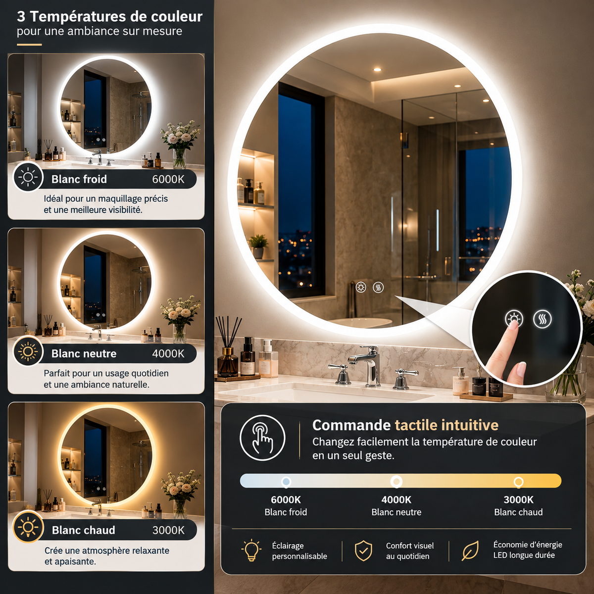 Miroir de salle de bain LED rond